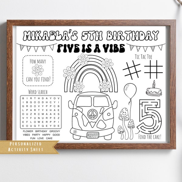 Groovy Good Vibes Birthday Party Favor | Five is a Vibe Retro Party Activity Sheet | Good Vibes Coloring Placemat