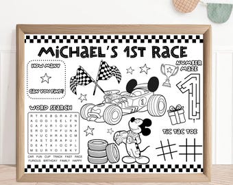 Personalized Classic Mickey or Minnie Racer Birthday Party Activity Sheet | Party Placemat | Race Cars Party Activity Racing Coloring Kids