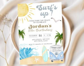 Retro Surf's Up Birthday Party Invitation | Beach Van (Digital Download)