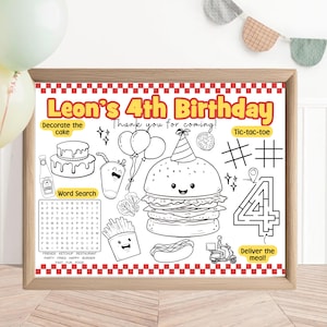 Burger Birthday Party Favor | Fast Food Party Activity Sheet | Burger and Fries Theme Party | Burger Party Activity Placemat