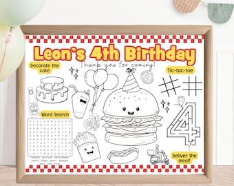 Burger Birthday Party Favor | Fast Food Party Activity Sheet | Burger and Fries Theme Party | Burger Party Activity Placemat