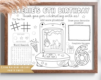 May include: Black and white printable party sheet for a 6th birthday with a claw machine arcade theme. The sheet includes a tic-tac-toe game, a word search, a maze, and a space to draw a favorite plushie.