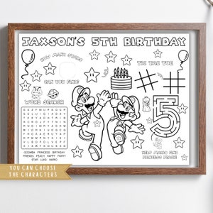 Super Brothers Party Favor | Gaming Brothers Party Activity Sheet | Party Placemat | Mario Birthday Party | Kids Activity | Peach Coloring