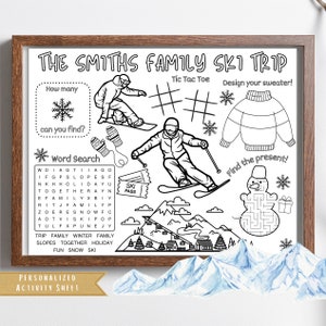 Family Ski Trip Activity Sheet | Ski Holiday Theme Birthday Party Favor | Christmas Birthday Activity Sheet | Activty Placemat