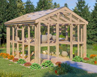 Planos de invernadero con estantes de jardín / Diseño de techo a dos aguas de 10x12 pies (hágalo usted mismo) / Estructura de madera para patio trasero