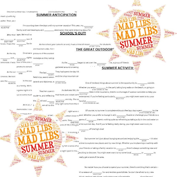 Summer Mad Libs Collection, Party Games, Digital Download