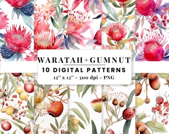 May include: Ten digital seamless patterns featuring watercolor illustrations of Waratah and Gum Nut flowers. The patterns are 12 inches by 12 inches and 300 dpi.