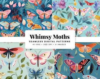 May include: Four seamless digital patterns featuring whimsical moths with colorful wings and intricate details on a blue background with green leaves and flowers. The text "Whimsy Moths" is displayed in a white banner above the patterns. The text "Seamless Digital Patterns" is displayed in a smaller white banner below the patterns. The text "Hi-Res - 300 DPI - 4 Images" is displayed in a smaller white banner below the patterns.