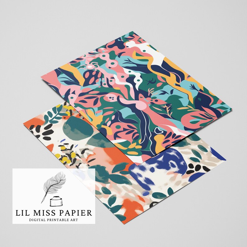 May include: Two digital printable art prints with abstract floral patterns in shades of pink, blue, green, yellow, and orange. The prints are layered on top of each other, with the top print partially covering the bottom print. The text "LIL MISS PAPIER DIGITAL PRINTABLE ART" is visible in the lower left corner of the image.