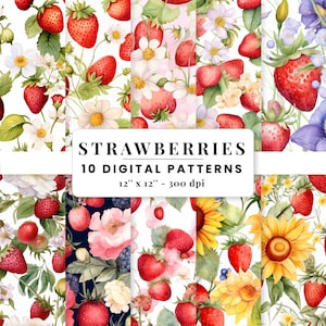 Strawberry Flowers Digital Seamless Prints Fabric Berry Repeat Pattern Scrapbook Paper Instant Download Digital Patterns Commercial Use