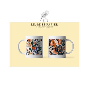May include: Two white ceramic mugs with colorful floral and abstract designs. The mug on the left has a floral pattern with orange, blue, and green colors. The mug on the right has an abstract design with a woman's face and a floral pattern in orange, blue, and green colors. The mugs are on a yellow background. The text "Lil Miss Papier" and "Digital Printable Art" is above the mugs.