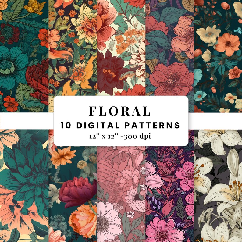Floral Digital Paper Set, Seamless Rose Patterns (digital Download) - Etsy