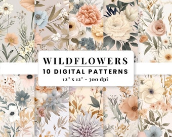 Neutral Wildflower Wedding Seamless Digital Paper Repeating Printable Pattern Fabric & Commercial Use JPG