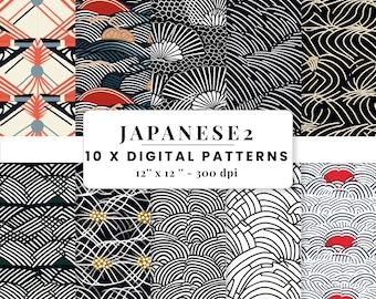 May include: Ten digital patterns inspired by Japanese art. The patterns feature black and white geometric designs with hints of gold and red. Each pattern is 12 inches by 12 inches and 300 dpi.