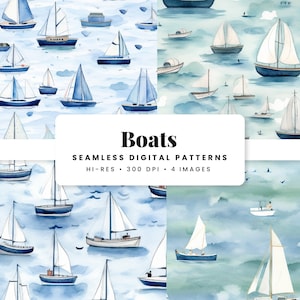 May include: Watercolour digital patterns showing sailboats on a blue sea. The boats have white sails and blue hulls, set against a backdrop of water and sky. The image includes the text "Boats" and "Seamless Digital Patterns".