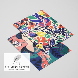 May include: Two printable art prints featuring colorful floral patterns. One print features a woman's face with a floral background. The other print features a more abstract floral pattern with the word "future" written in cursive.