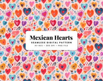 Digital Paper Seamless Pattern | Mexican Hearts Folklore Repeating Print | Fabric Commercial Use PNG