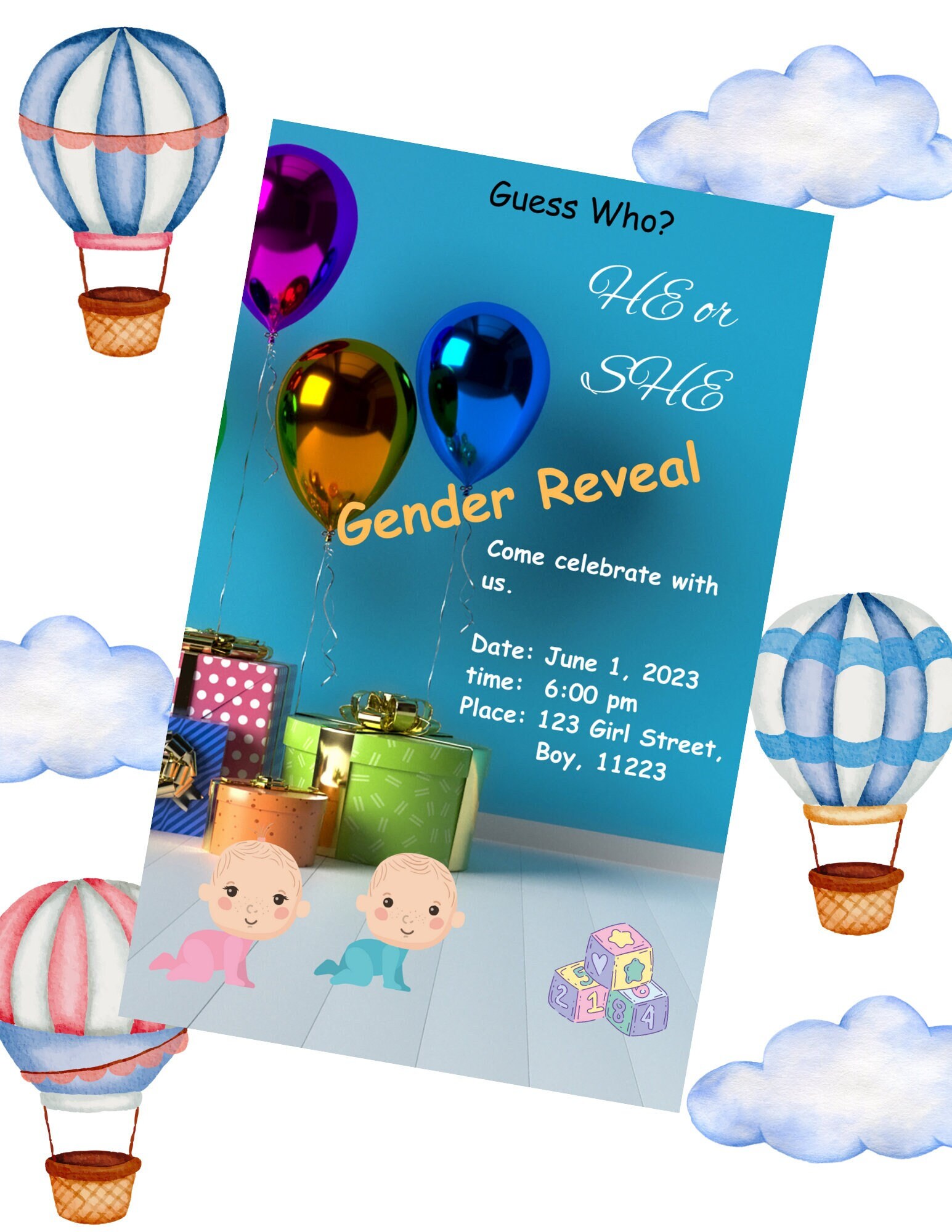 Baby Gender Reveal Invitation Printable Card Baby Reveal Boy Etsy