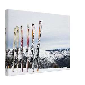 Travel Inspiration canvas print, snowy mountains with ski pairs, perfect decor for ski lovers, unique gift for adventurers