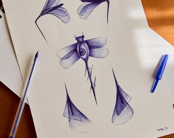High quality ballpoint pen drawing, dragonflies in original physical pen, hand drawn, unique personalized gift idea