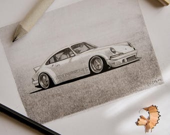 Porsche High Quality Pencil Drawing, Original Physical Graphite Car Portrait, Hand Drawn, Unique Personalized Gift Idea