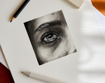 High quality pencil drawing , original physical graphite eye portrait , hand drawn, unique personalized gift idea