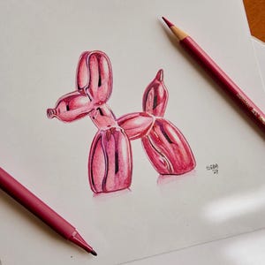 Disegno colorato realizzato a matita e pennarello di alta qualità, cane fisico originale in mongolfiera, disegnato a mano, idea regalo unica e personalizzata