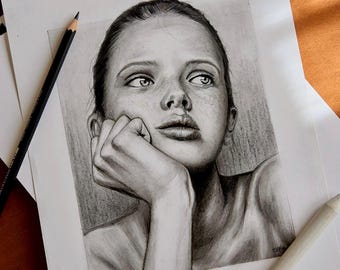 High quality pencil drawing, portrait girl, woman, original physical graphite, hand drawn, unique personalized gift idea