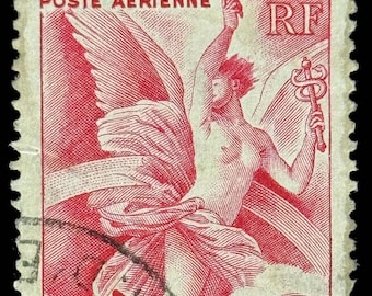 French Airmail Angel & Airplane Art Print – Vintage Red Aviation Stamp Illustration