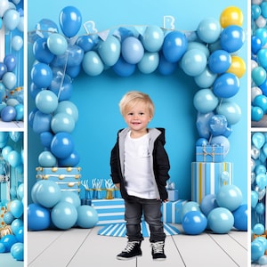 男の子の1歳の誕生日用バルーン背景 - ブルーデジタルファインアートパーティーデコレーション