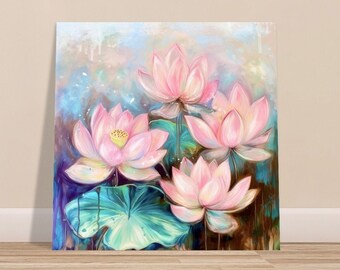 Lotus Flower Print Premium Poster Paper Oil Painting Print Square Wall Art Lotus Flower Wall Decor Spiritual Lotus Flowers Pink Lotus pond