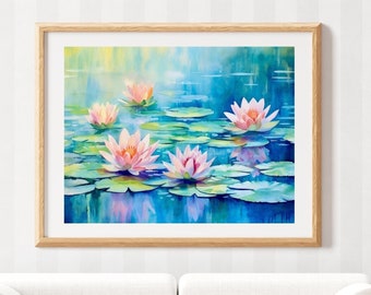 Waterlily Watercolour Print - Water lilies Painting - Waterlily Pond Wall Art - Pink Flowers - Blue Water