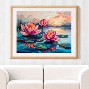 Waterlily Art Print - Water lilies Painting - Pink Water lily Wall Art - Floral Fine Art Print - Vibrant Modern Artwork - Premium Paper.