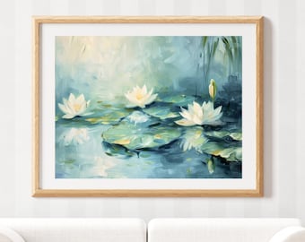 Waterlily Wall Art - Water lily Pond Print - Lily Pad Art - Waterlilies Painting -  Serene Painting - Blue Artwork -   Premium Matte Paper