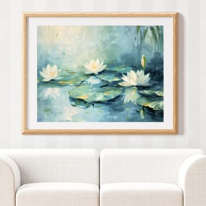 Waterlily Wall Art - Water lily Pond Print - Lily Pad Art - Waterlilies Painting -  Serene Painting - Blue Artwork -   Premium Matte Paper