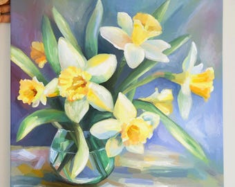 Lienzo decorativo con diseño de narciso, pintura floral primaveral, arte mural con flores amarillas, bodegón de flores en jarrón, obra de arte botánica