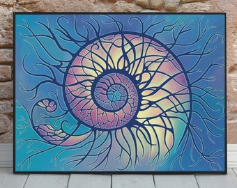 Abstract Ammonite Fossil Art Print, Marine Creature Painting