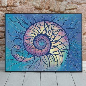 Ammonite Art Abstract Poster Print Fossil Wall Decor Shell Painting Nautilus Art Marine Creature Painting Ocean Abstract Print Sea Life