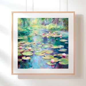 Waterlily Pond Print - Pink Water Lilies - Water Lily Pond - Botanical Wall Art - Floral Fine Art Print - Nature Lover - Lily Pad Painting