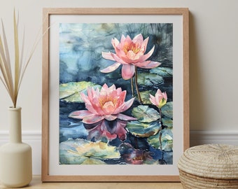 Pink Water Lily Watercolor Print: Botanical Floral Wall Art