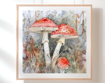 Mushroom Wall Art - Fly Agaric Watercolor Print - Woodland Mushrooms Painting - Fungi Art - Original Artwork - Botanical Mushroom Decor