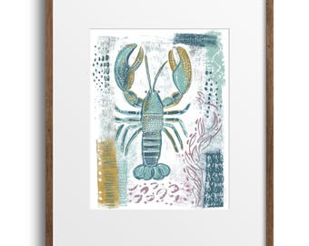 Lámina de langosta para pared: decoración de cocina costera, arte náutico