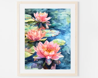 Waterlily Watercolor Print: Pink Floral Botanical Art