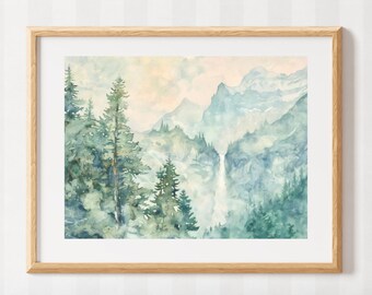 Berg Wand Kunst - Beruhigende Landschaft Kunst - Wildnis Malerei - Neblige Berge Druck - Kiefernwald Landschaft - Gedeckte Farben - Wasserfall