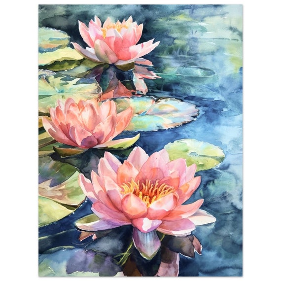 睡蓮の水彩画：ピンクの花のボタニカルアート - Etsy 日本
