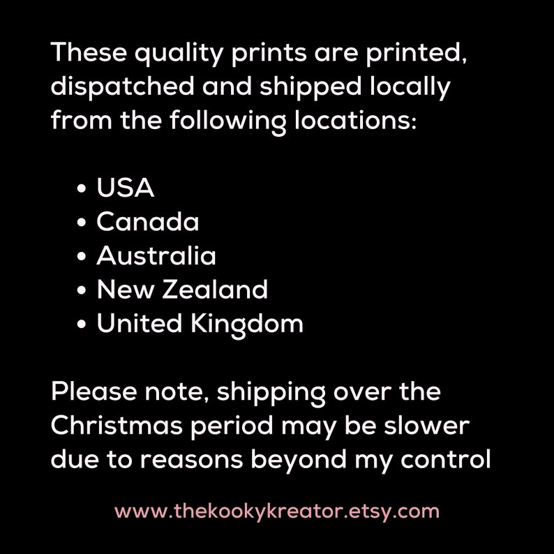 May include: Text on a black background states that quality prints are printed, dispatched, and shipped locally from the USA, Canada, Australia, New Zealand, and the United Kingdom. Shipping during Christmas may be slower.