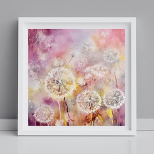 May include: A watercolor painting of a field of white dandelions with pink and yellow hues in the background.
