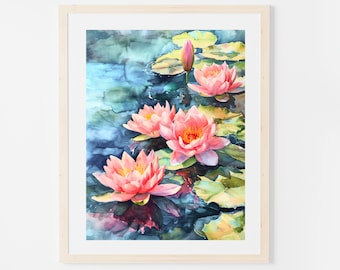 Waterlily Watercolor Print: Pink Floral Botanical Wall Art