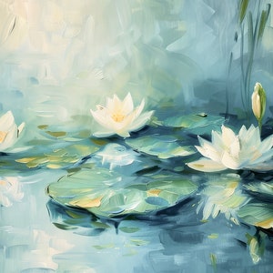 May include: A painting of white water lilies with green lily pads in a pond. The water is a light blue color and the background is a soft, hazy blue.