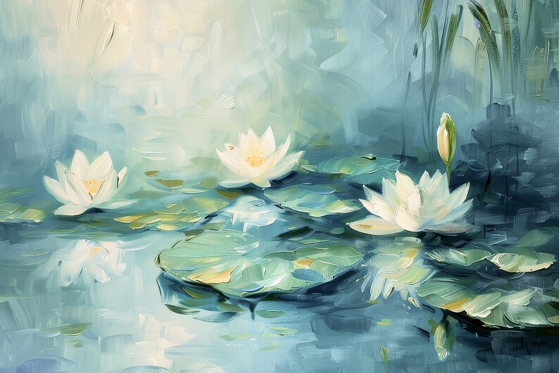 May include: A painting of white water lilies with green lily pads in a pond. The water is a light blue color and the background is a soft, hazy blue.